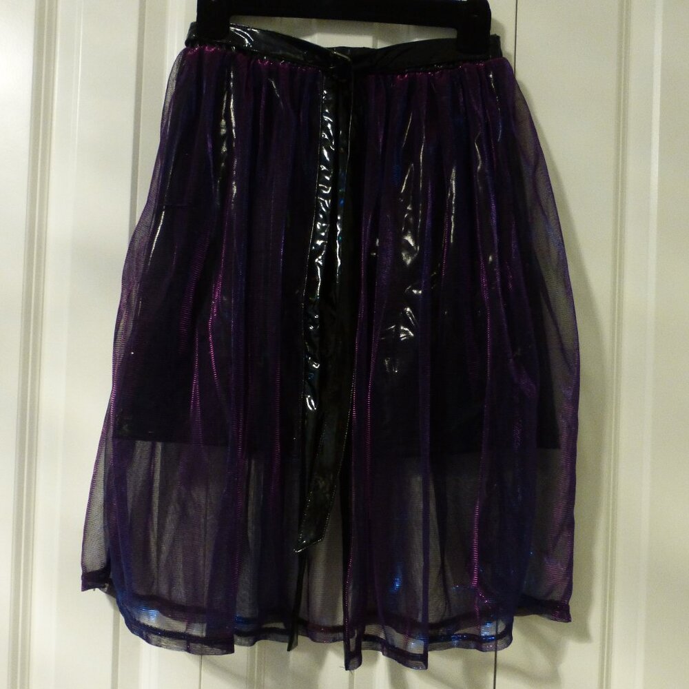 SHEIN black shiny holographic PVC mini skirt with purple mesh iridescent layer